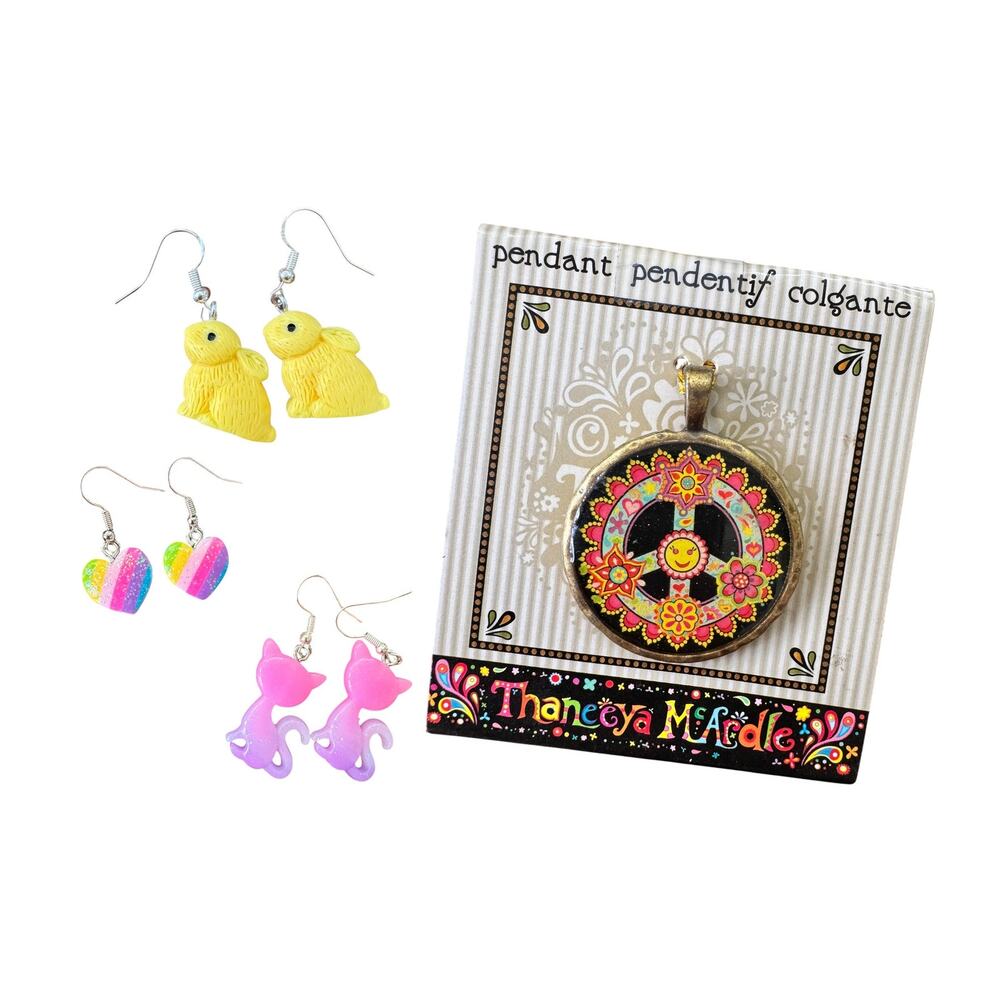 Nostalgic Jewelry Lot – Peace Sign Pendant, Bunny, Rainbow Heart & Cat Earrings